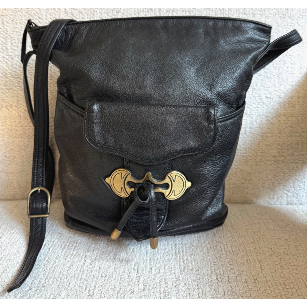 Bechamel Black Leather Crossbody‎ Handbag Brass Hardware Western Purse Vintage